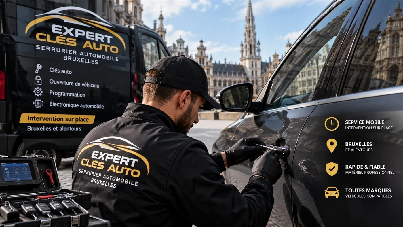Technicien Expert Clés Auto devant son véhicule d'intervention à Bruxelles